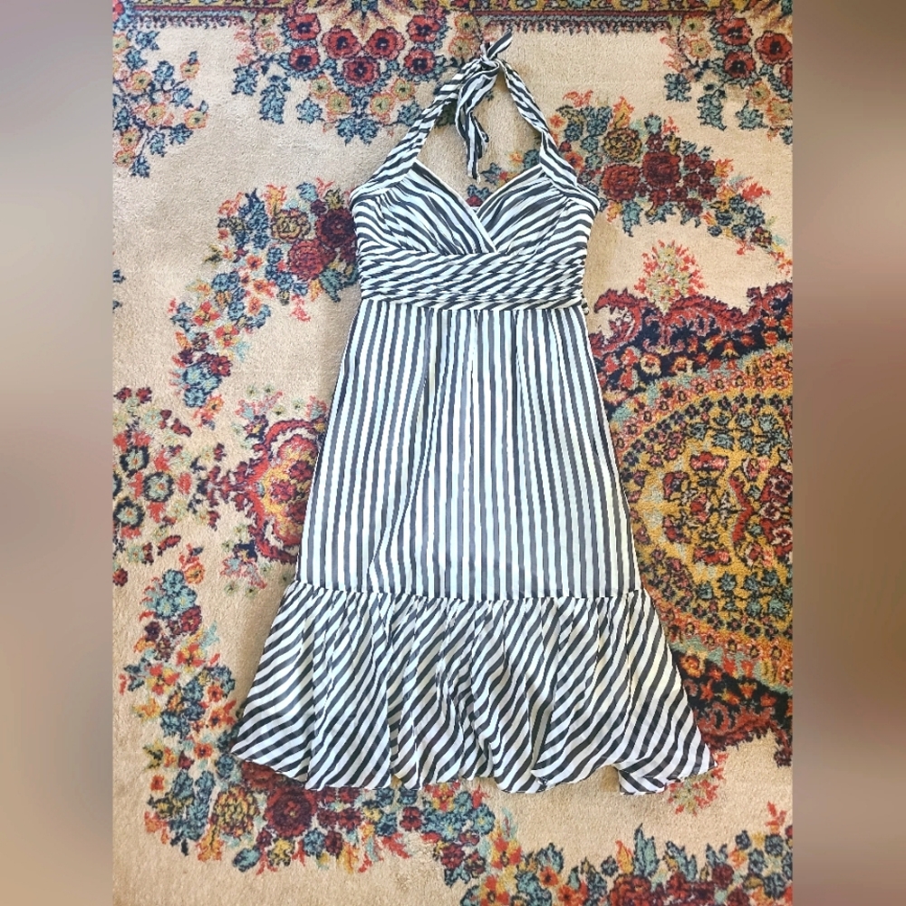 BCBG Max Azaria Black and White Striped Silk Halter Dress